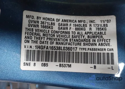 2008 Honda Civic Lx from USA, damaged, VIN 1HGFA16538L036017